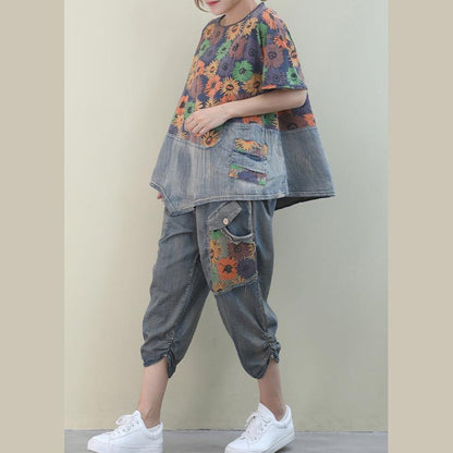 Summer New Loose Large Size Printed Washed Denim Suit