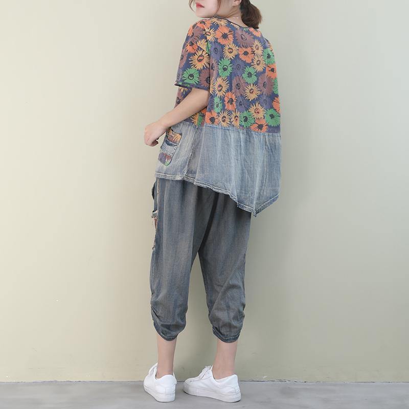 Summer New Loose Large Size Printed Washed Denim Suit