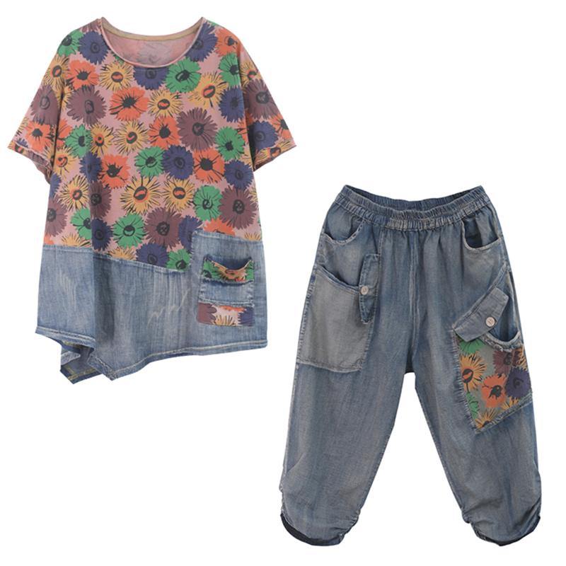 Summer New Loose Large Size Printed Washed Denim Suit