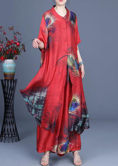 Summer Loose Silk Brown Geometry Print Coat + Two Piece Pants