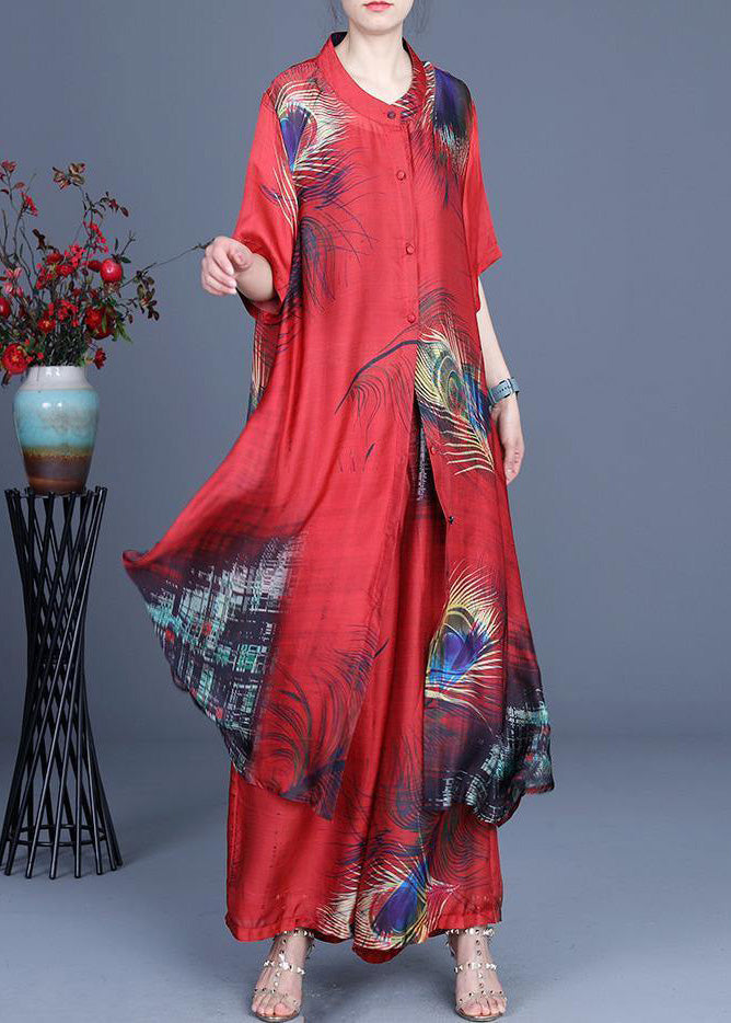 Summer Loose Silk Grey Flowers Print Coat + Two Piece Pants
