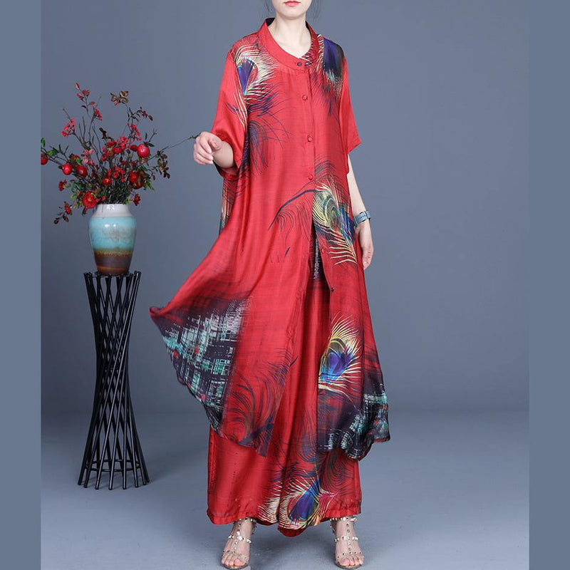 Summer Loose Silk Grey Flowers Print Coat + Two Piece Pants