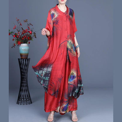 Summer Loose Silk Grey Flowers Print Coat + Two Piece Pants