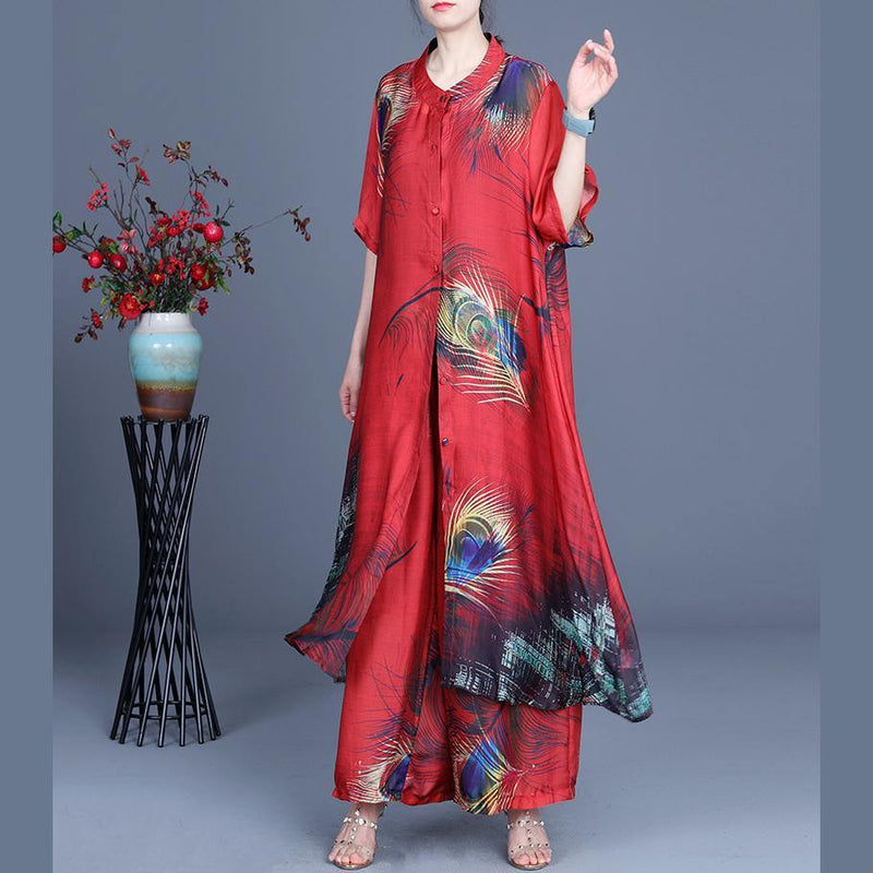 Summer Loose Silk Grey Flowers Print Coat + Two Piece Pants
