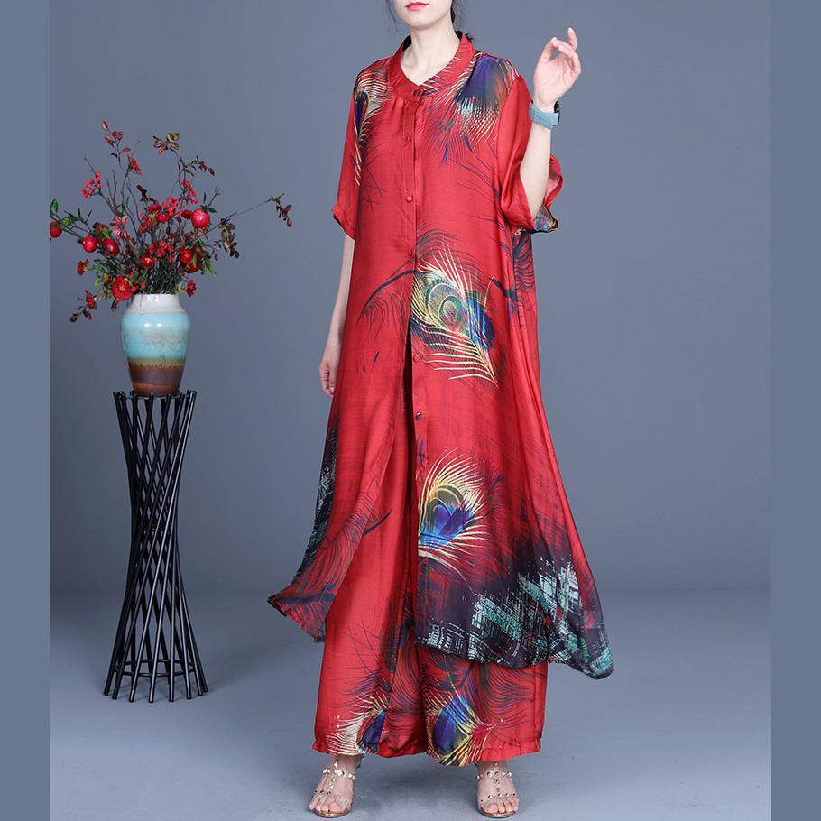 Summer Loose Silk Brown Geometry Print Coat + Two Piece Pants