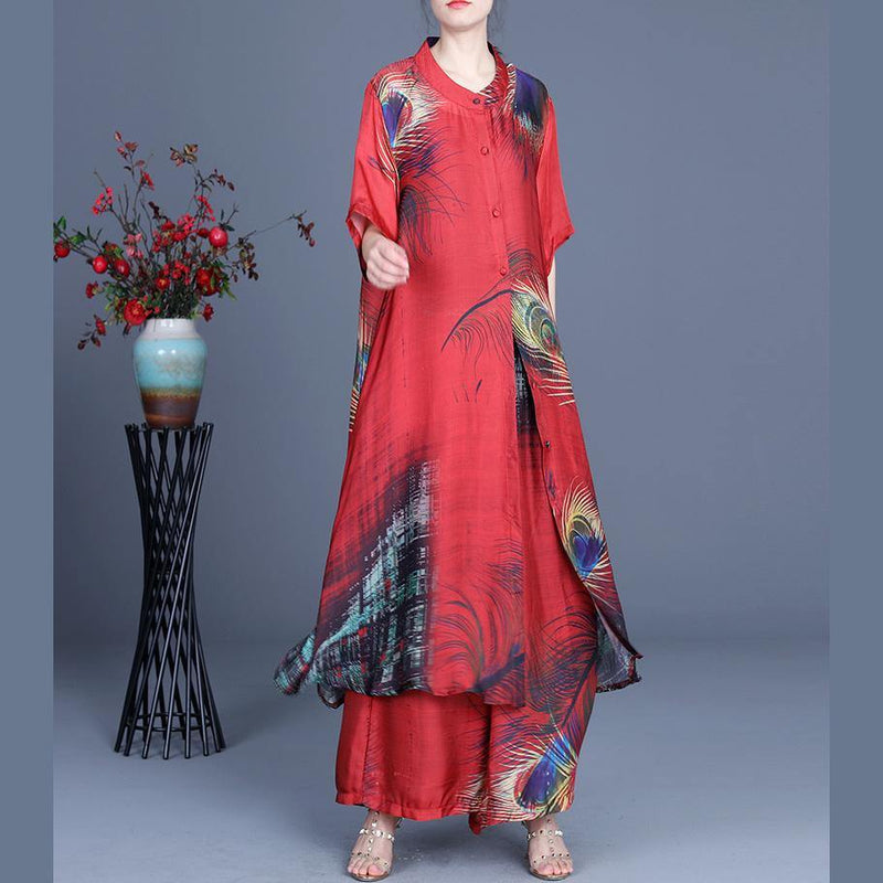 Summer Loose Silk Brown Geometry Print Coat + Two Piece Pants