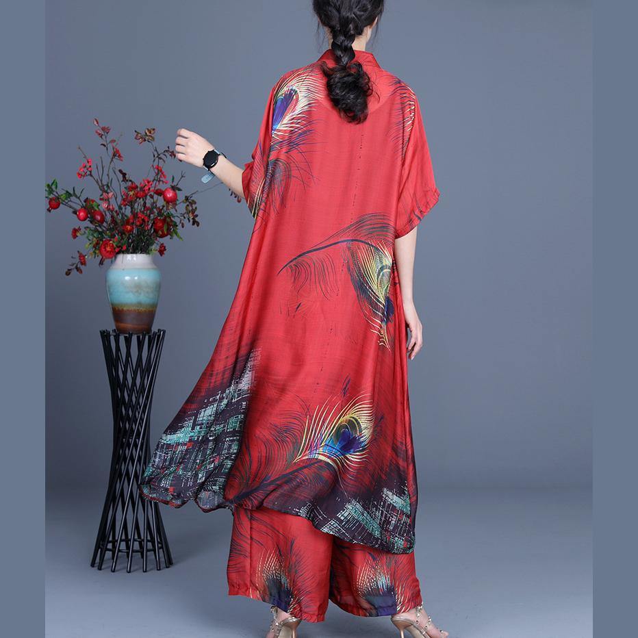 Summer Loose Silk Grey Flowers Print Coat + Two Piece Pants