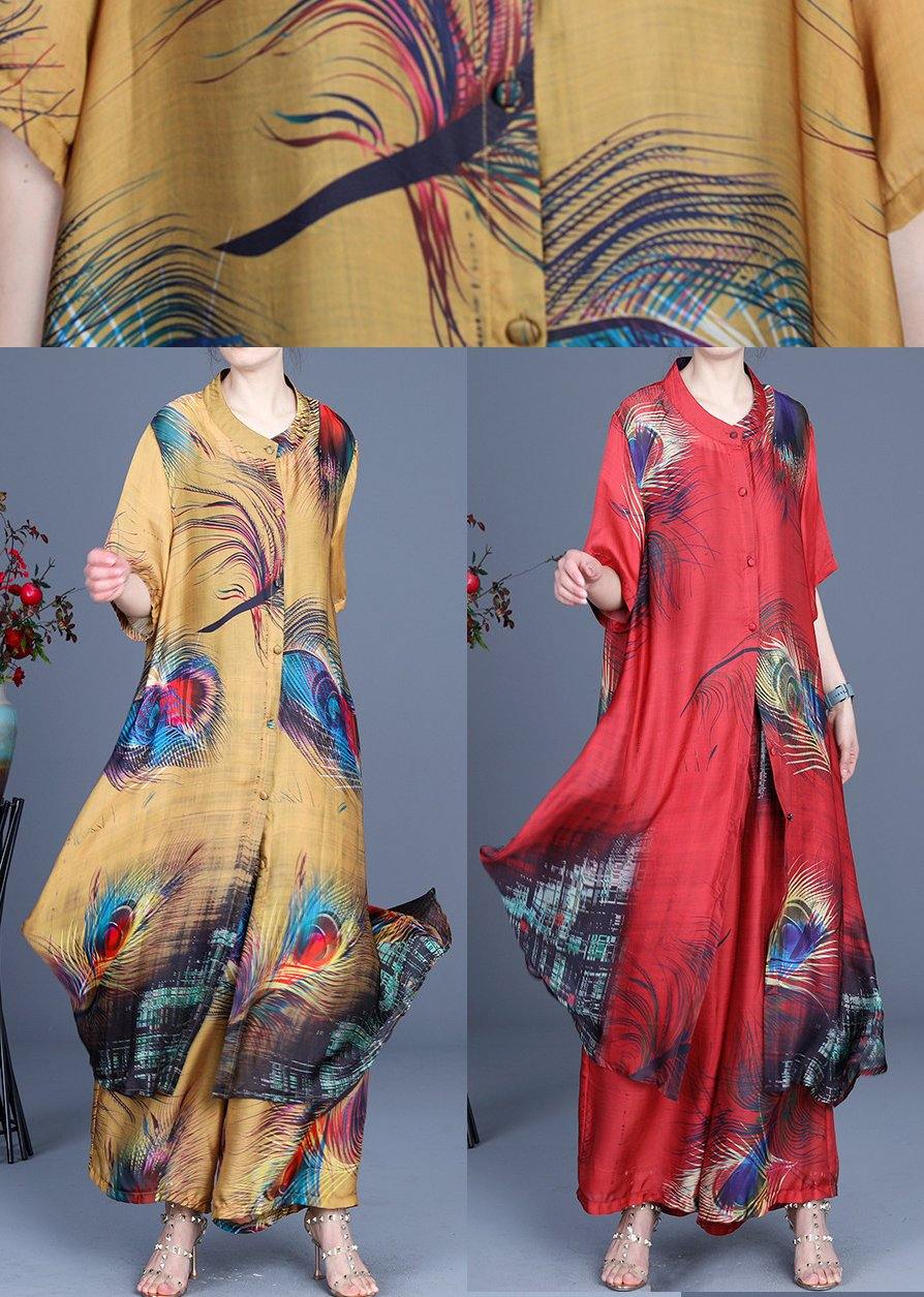 Summer Loose Silk Brown Geometry Print Coat + Two Piece Pants