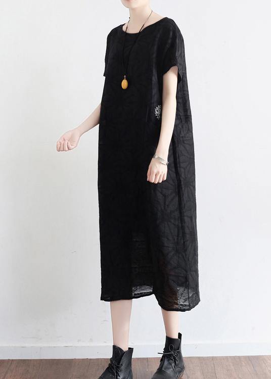 Summer Black Cotton Hemp Embroidered Oversized Dress