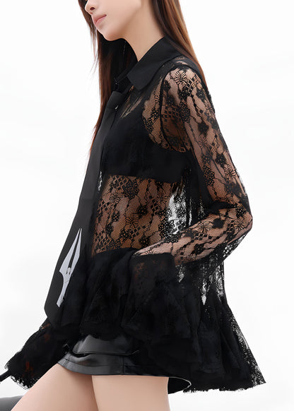 Summer Black Lace Hollow See Through Flared Sleeve Shirt