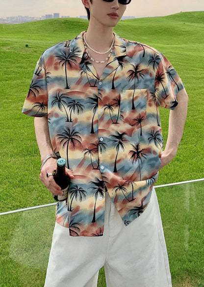 Summer Coconut Print Vacation Style Short Sleeved Shirt
