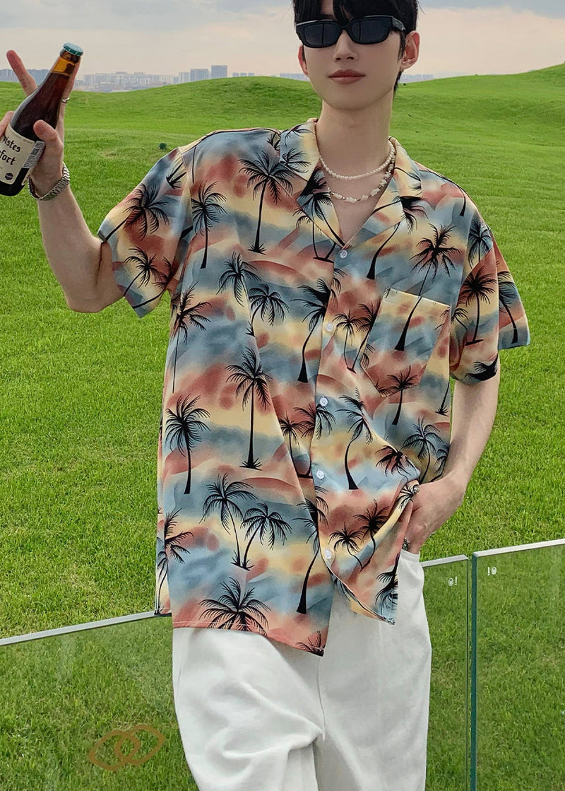 Summer Coconut Print Vacation Style Short Sleeved Shirt