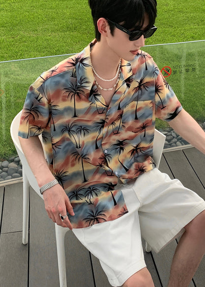 Summer Coconut Print Vacation Style Short Sleeved Shirt