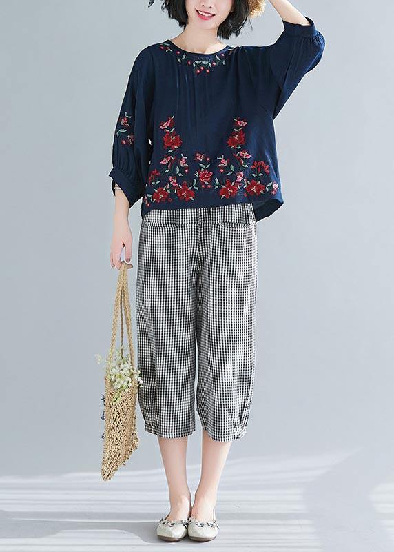 Summer Cotton Linen Navy O-neck Shirts