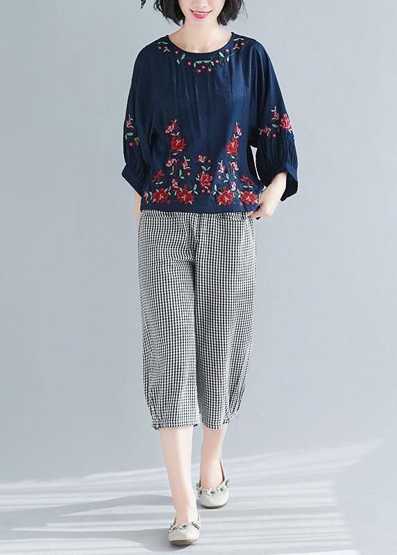 Summer Cotton Linen Navy O-neck Shirts