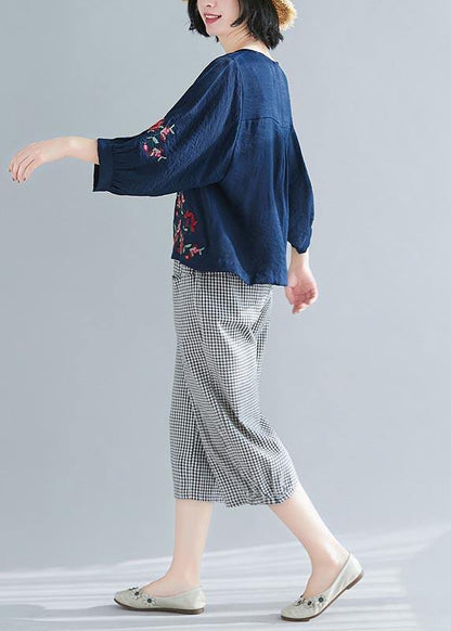 Summer Cotton Linen Navy O-neck Shirts
