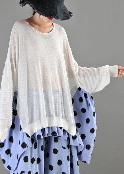 Summer Crew Neck Stitched T-shirt Pullover Loose Wave Point Top Women