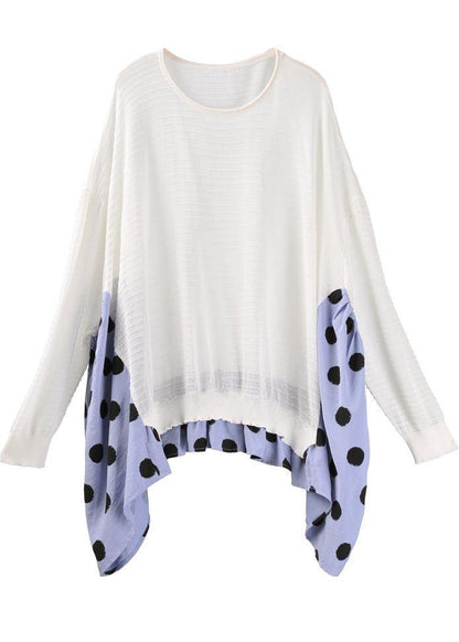 Summer Crew Neck Stitched T-shirt Pullover Loose Wave Point Top Women