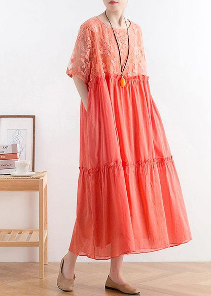 Summer French Orange Patchwork O-neck Cotton Long Dresses