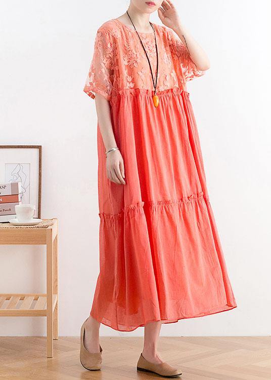 Summer French Orange Patchwork O-neck Cotton Long Dresses