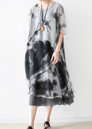 Summer Grey Print Chiffon Short Sleeve Dress