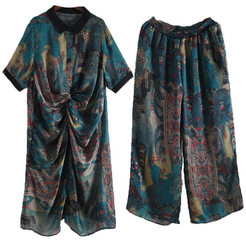 Summer Large Blue Print Chiffon Print Set Shirt Pants Two Piece Set