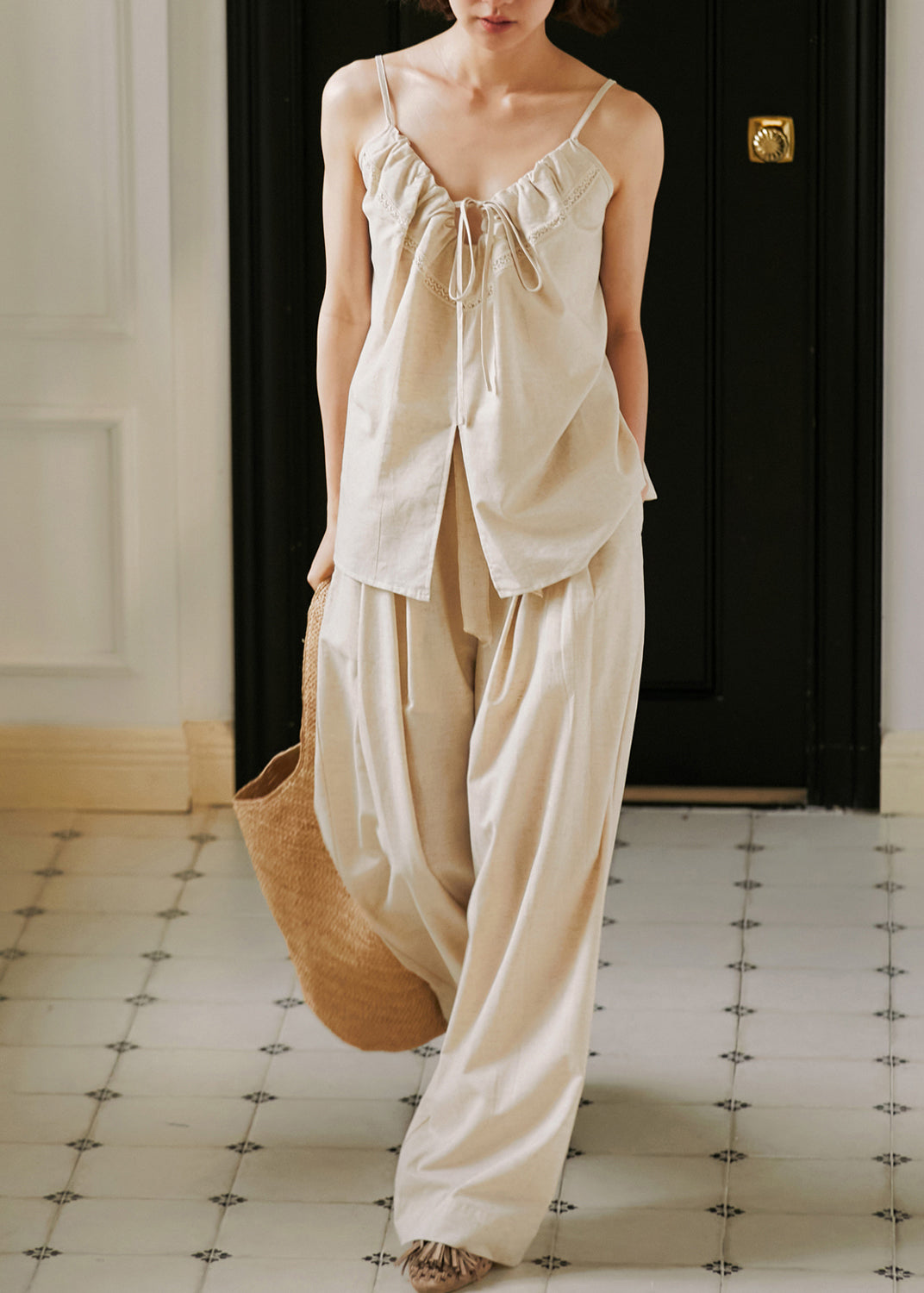 Summer Linen Color Lace Up Top and Wide Leg Pants Two Pieces Set