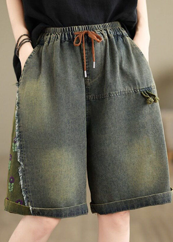 Summer Loose Embroidered Elastic Waist Denim Shorts