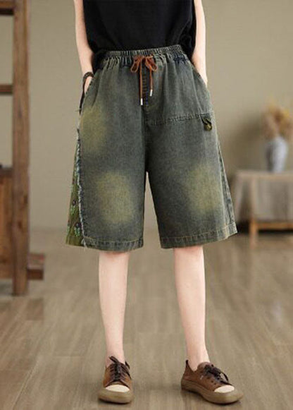 Summer Loose Embroidered Elastic Waist Denim Shorts