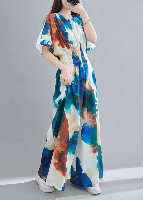 Summer New Light Blue Print Close Waist Jumpsuit