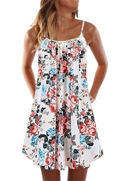 Summer New Pleated Swing Loose Purple Sling Print Dress