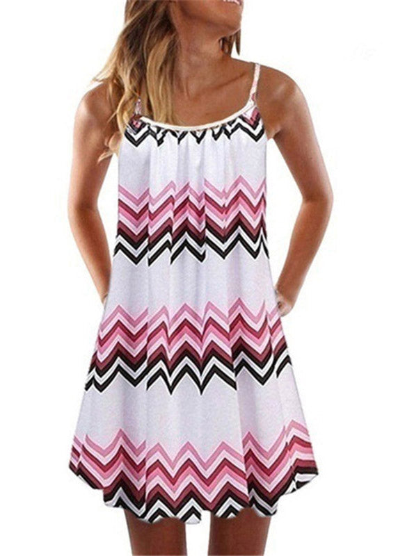 Summer New Pleated Swing Loose Purple Sling Print Dress