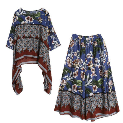 Summer Size Chiffon Hemp Retro Wide Leg Pants Two Piece Set