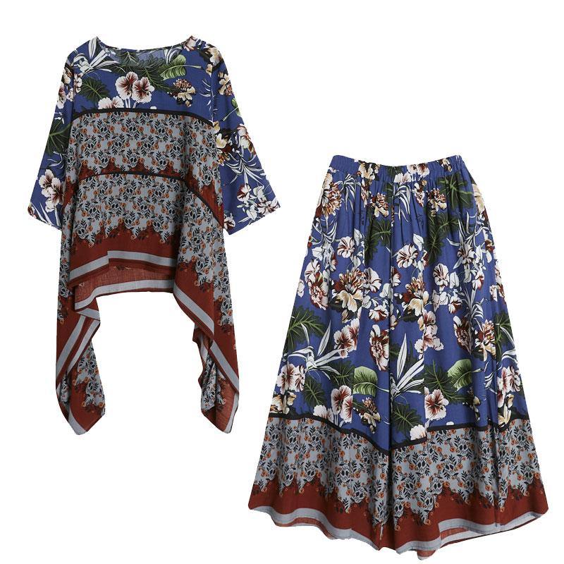 Summer Size Chiffon Hemp Retro Wide Leg Pants Two Piece Set