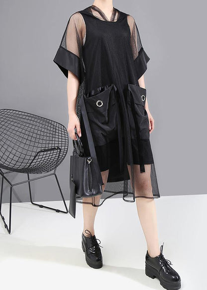 Summer Woman Black Mesh Hooded Dress
