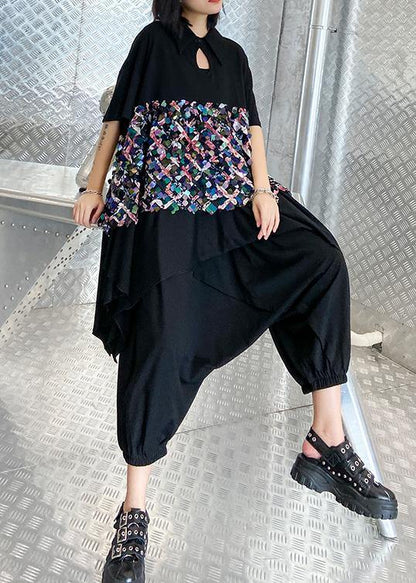 Summer Black Suit Female Temperament Sequined Top Harem Pants Two-piece