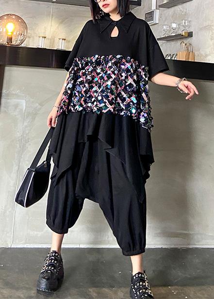 Summer Black Suit Female Temperament Sequined Top Harem Pants Two-piece