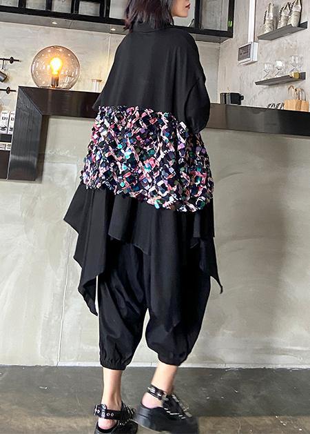 Summer Black Suit Female Temperament Sequined Top Harem Pants Two-piece