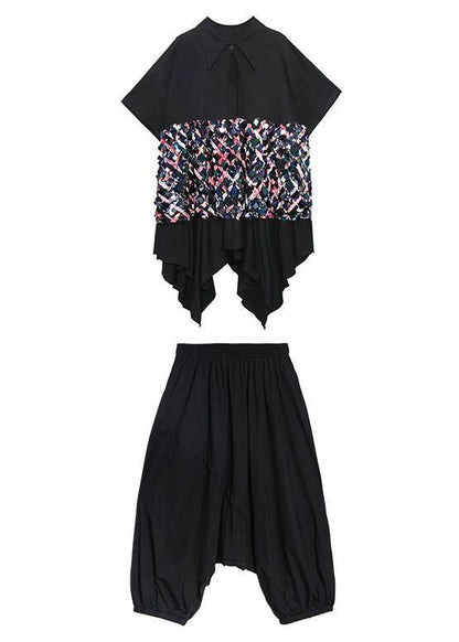 Summer Black Suit Female Temperament Sequined Top Harem Pants Two-piece