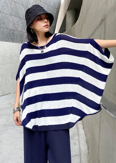 Summer Age Reduction Large Size Striped Bat Sleeve T-shirt + Wide Leg Pants Two-piece Suit