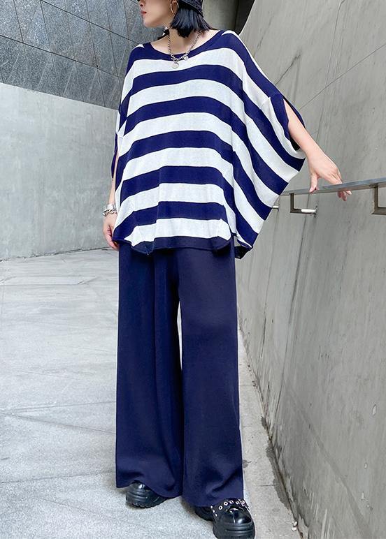 Summer Age Reduction Large Size Striped Bat Sleeve T-shirt + Wide Leg Pants Two-piece Suit
