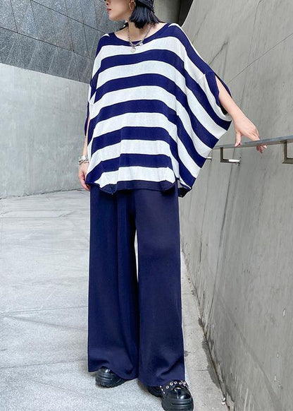 Summer Age Reduction Large Size Striped Bat Sleeve T-shirt + Wide Leg Pants Two-piece Suit