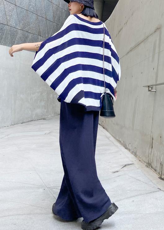 Summer Age Reduction Large Size Striped Bat Sleeve T-shirt + Wide Leg Pants Two-piece Suit