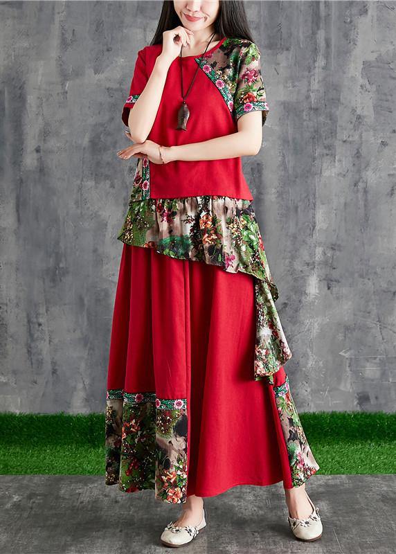 Summer Cotton Linen Color Stitching Small Fresh Chinese Body Temperament Red Print Two-piece