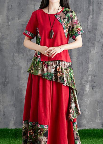 Summer Cotton Linen Color Stitching Small Fresh Chinese Body Temperament Red Print Two-piece