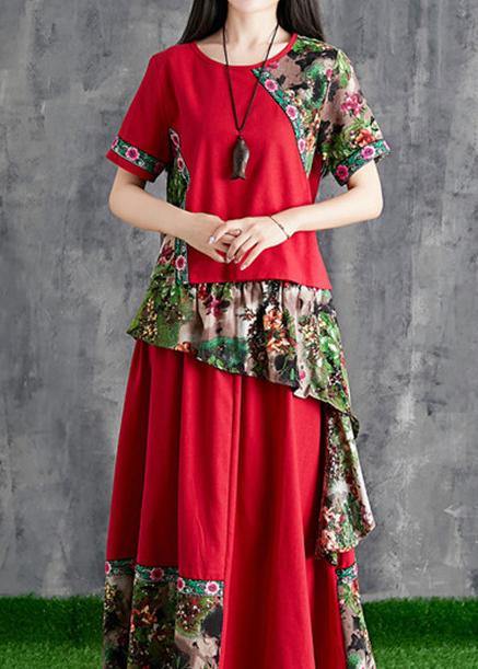 Summer Cotton Linen Color Stitching Small Fresh Chinese Body Temperament Red Print Two-piece