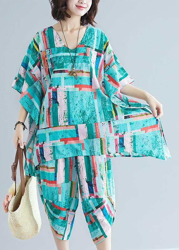 Summer Dress Art Green Print Shirt + Cotton and Linen Seven Points Pants