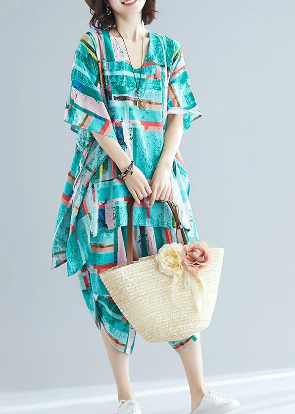 Summer Dress Art Green Print Shirt + Cotton and Linen Seven Points Pants