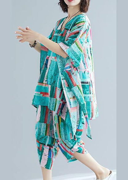 Summer Dress Art Green Print Shirt + Cotton and Linen Seven Points Pants