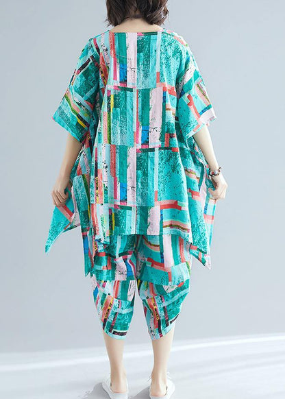 Summer Dress Art Green Print Shirt + Cotton and Linen Seven Points Pants